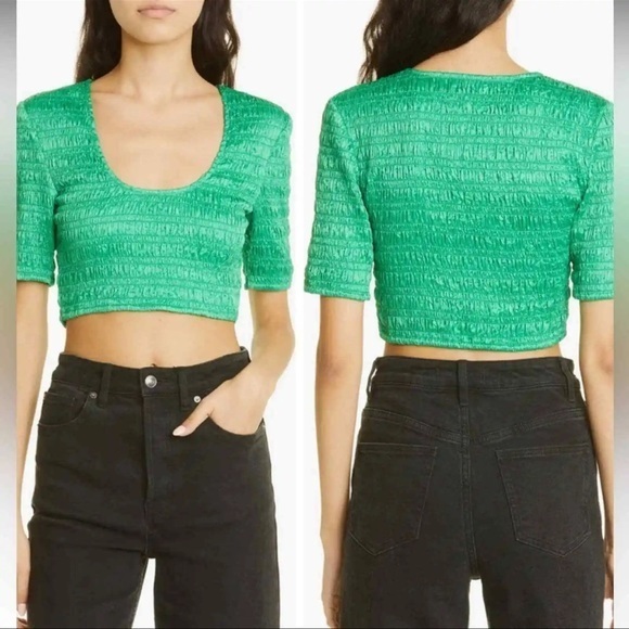 Ganni Smocked Shirt Womens 4 Green Cropped Top Short Sleeve Scoop Neck